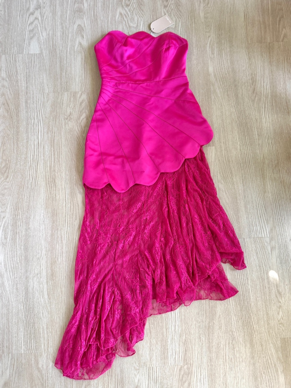 Meshki Strapless Asymmetrical Bustier Lace Dress in Pink